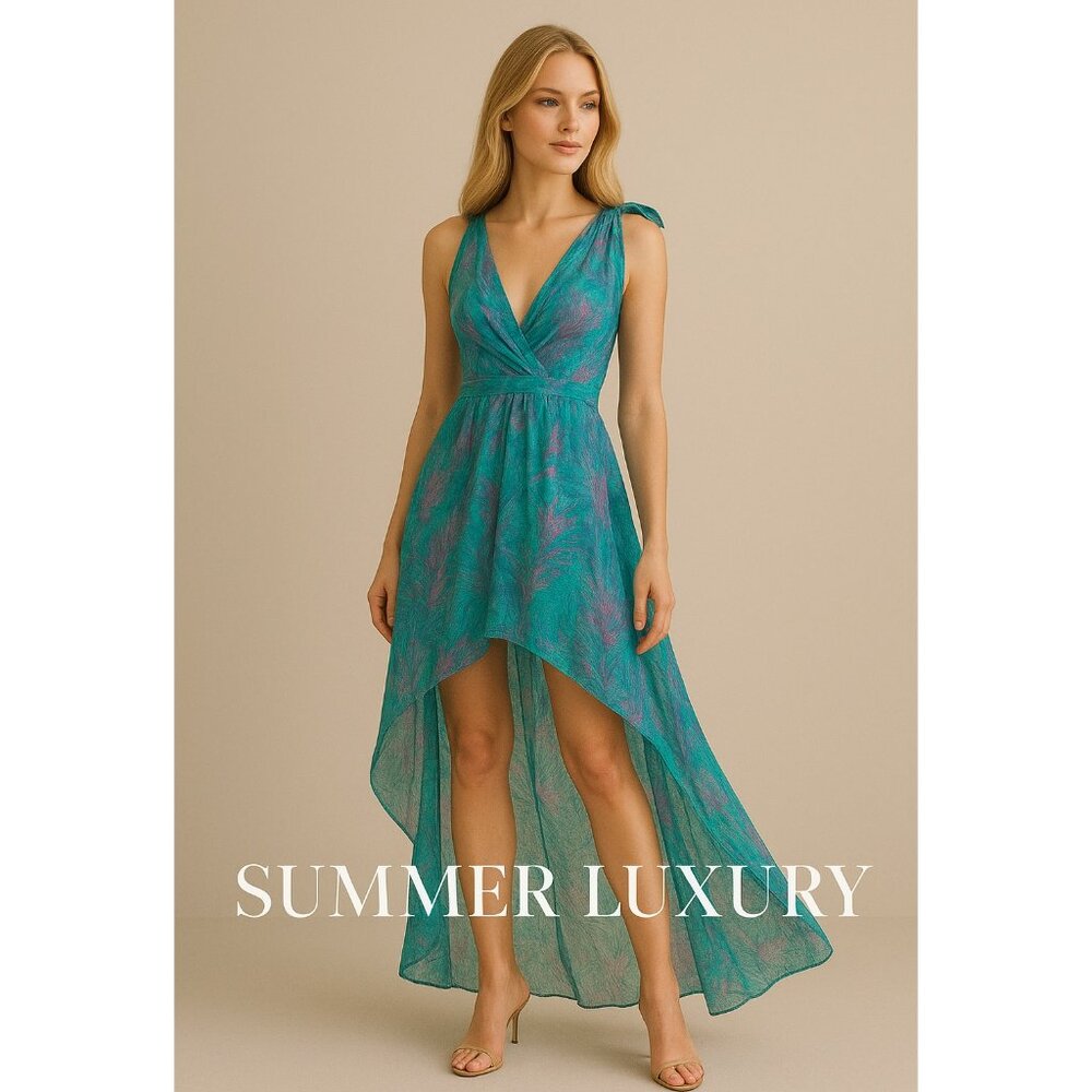 Vintage Bebe Halter Dress Chiffon Asymmetric High Low Women's XS Teal Green